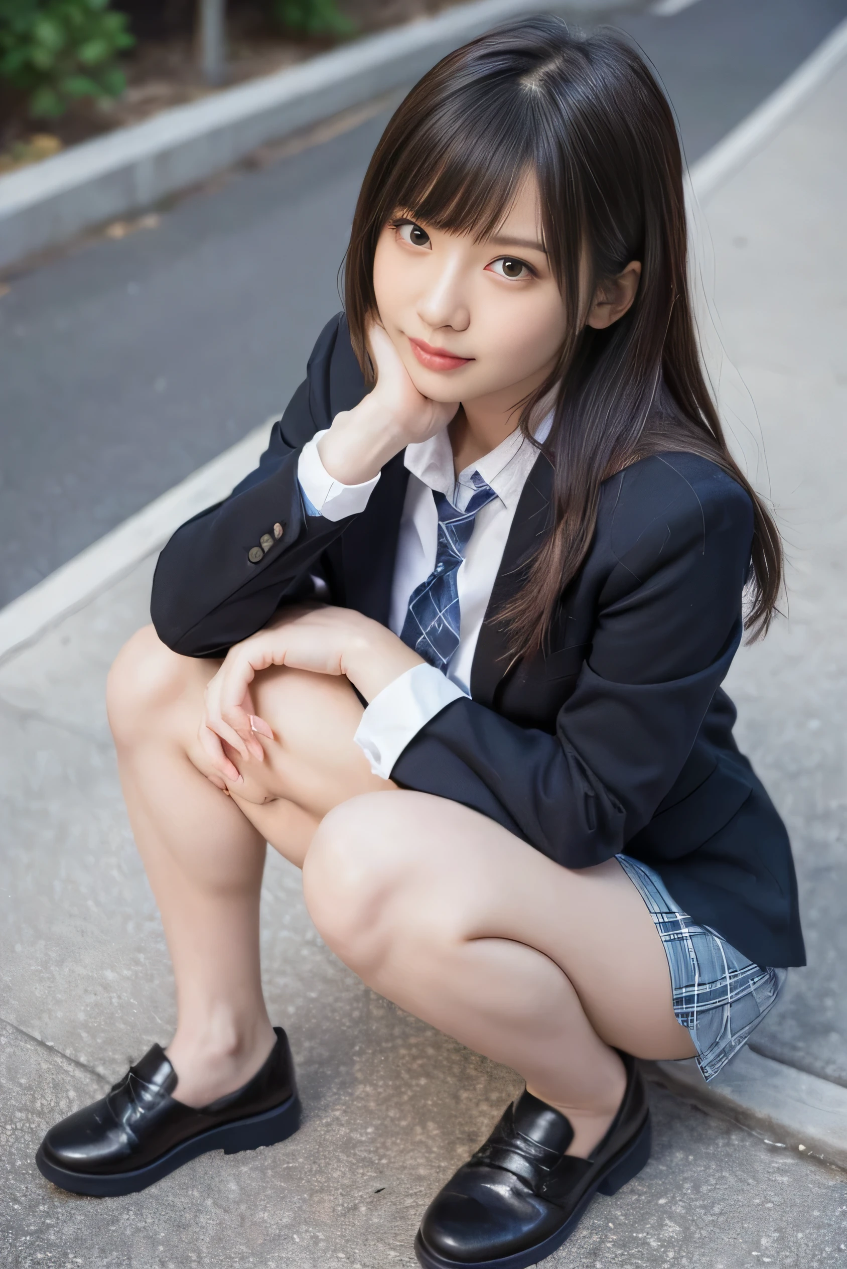 Cute 18 year old girl squatting down on the sidewalk,Red Tie Uniform,dark blue closed blazer,blue plaid mini skirt,bangs,a little smile,thighs,knees,random pose，pretty girl，slender girl，squatting down，,baby face,cute face,perfect body,thin waist and big breasts,slender legs,big breasts,realistic skin,full body image,(redemption,8k,masterpiece:1.2),(sexy appearance:1.5,:1.2),Japanese female,22 years old,(high resolution beautiful face),great face and eyes,(best quality:1.4),(ultra detailed),(high resolution CG integrated 8K wallpaper),high resolution,high resolution raw color photo,professional photo,realistic portrait,great face and eyes,depth of field,(bottom view:1.25),((elaborately designed,gorgeous and colorful adult shorts,high resolution panty portrait,highly detailed panty drawing))),((unique pose showing panties),((spread legs,raise legs))mouth slightly open,(((lift skirt by herself))),(lift by herself),panties with lace,small panties,attention to panties,