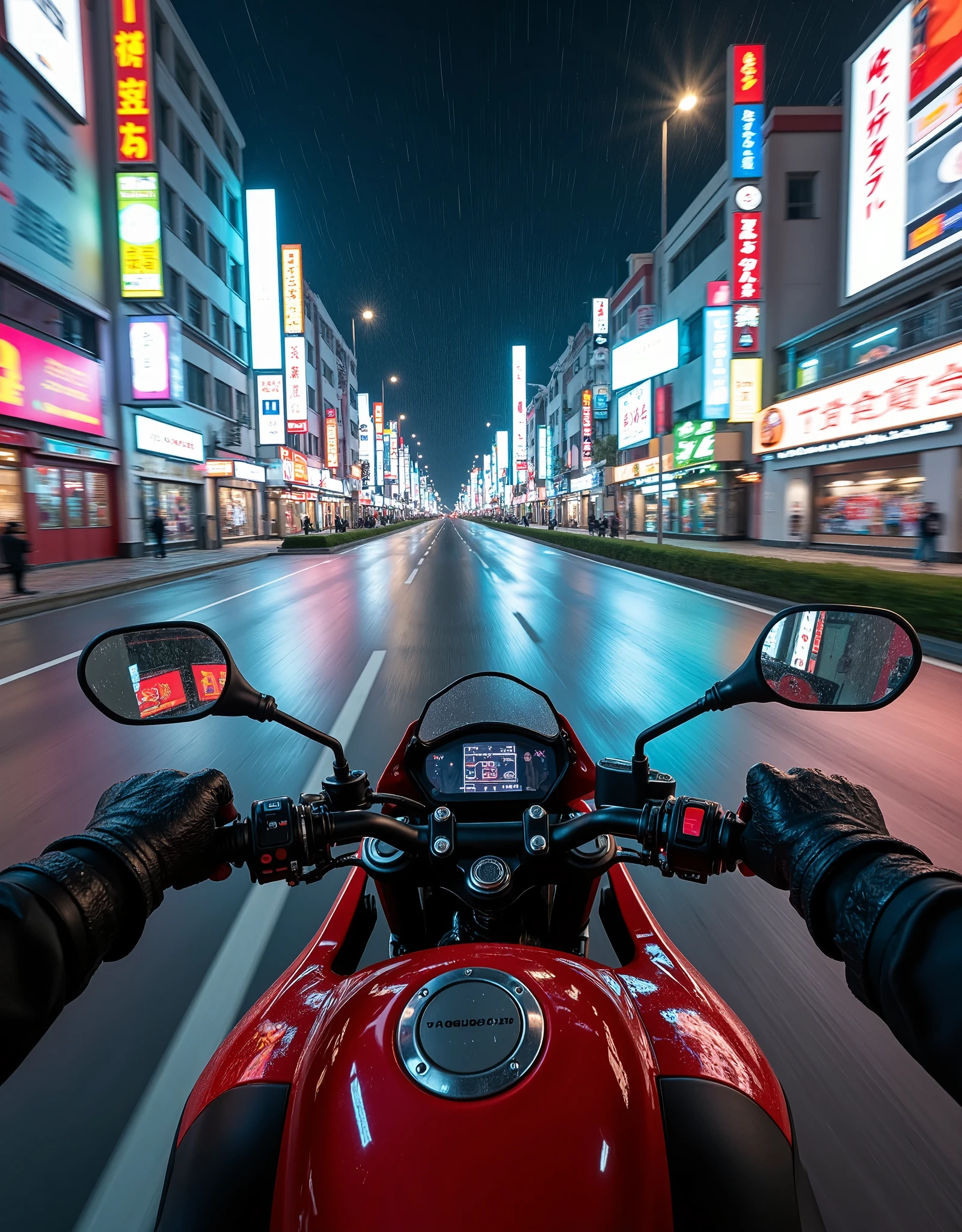  view from the driver's eye ,  sitting on a Kawasaki Z 1000SX , motorcycle we see our hands in a motorcycle suit and gloves holding the steering wheel ,( view from the driver's eye  мотоцикла, x} we are driving fast along the highway in Tokyo's incredible neon bright night,fast track , light rain , reflections of light in puddles , incredible signs and lights , dark red motorcycle , driving with the headlight on ,photorealism