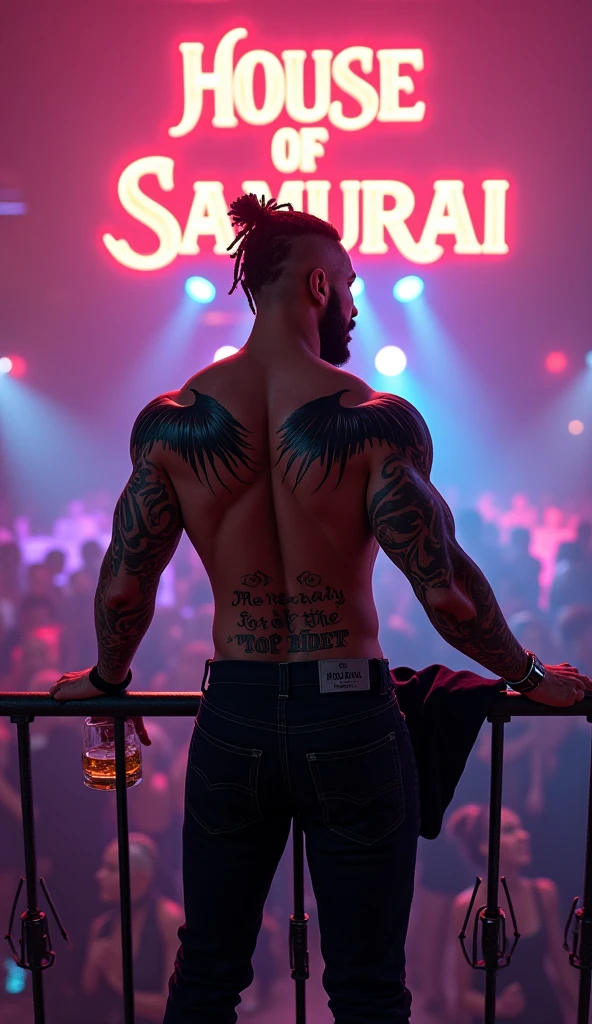 Tall Muscular man inside a nightclub standing on a balcony over looking the crowd of attractive smartly dressed men and women dancing together, with a large light up sign above the DJ which reads 
“HøusE Øf Samurai” in lighten up white bold text. Surrounded by rgb lighting shining down onto the crowd of people. 

The man is facing away from the viewer, and his topless muscular back is facing us, as he is leaned over the balcony railing with a small whisky glass in his hand. On the top of his shoulders are the words “MERCENARY FOR THE TOP BIDDER” tattooed across his shoulders in an arch shape, with some very large devil wings tattooed across the entire rest of his back in black ink. He also has the entirety of both his arms covered in detailed black and grey tattoos also, with “-IIII- II” tattooed on the back of his neck, he looks over his muscular shoulder whilst taking a drink from his whisky glass with an angry look on his face. 

The man is mixed raced and is half black and half white, and is from america, he has tied up dreads with the sides of his head completely shaved. As he looks vack over his muscular shoulder, which reveals a small dagger tattoo to be seen down the side of his face, with the number "18" also tattooed in very small text just under his left eye. He also has a trimmed beard.

The man is shirtless and is wearing tight black jeans, a black leather belt, and some black on black nike shoes, with his smart black shirt being laid over the balcony railing’s beside him.

Anatomically Correct, Best Quality, Super Detailed, Textured Skin, High Quality, High Resolution, Ultra-Wide Angle, Glowing Light, Realism, Hard Shadows.