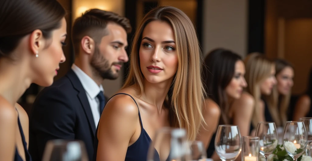 In the midst of a lively company dinner, Gaia finds herself seated at a long, elegantly set table, positioned uncomfortably between her husband and another woman. Gaia’s long brown hair with golden blonde highlights cascades over her shoulders, and she’s dressed in a tasteful navy blue dress. Her hazel eyes are filled with disappointment as she glances sideways at her husband.

To her left, her husband, dressed in a crisp white shirt and dark blazer, leans slightly towards the woman on his other side. The woman, strikingly different from Gaia with her short, jet-black hair and bold red lipstick, wears a sleek black dress that accentuates her figure. The two share a moment of laughter and exchange warm, lingering smiles, completely oblivious to Gaia’s presence. Their knees almost touch under the table, suggesting a hidden closeness.

Gaia’s expression is a mix of hurt and resignation as she looks at her husband, who seems utterly captivated by the other woman. Her hands rest tensely in her lap, her fingers fidgeting with the hem of her dress, trying to hold back the wave of emotions threatening to spill over. The rest of the table is filled with chatter and laughter, but the scene between the three of them is thick with unspoken tension, isolating Gaia in her silent heartbreak amidst the cheerful crowd. ((anti:1.5)), Nexia