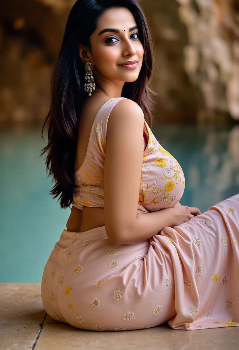 Side Portrait of A topless confident-looking indian woman with long flowing hair, hazel eyes, flowing see through saree, her hair covering her perfect c-cup breasts, sitting in pool, caves background, bokeh, perfect composition, hyperrealistic, super detailed, 8k, high quality, trending art, trending on artstation, sharp focus, studio photo, intricate details, highly detailed, art by greg rutkowski