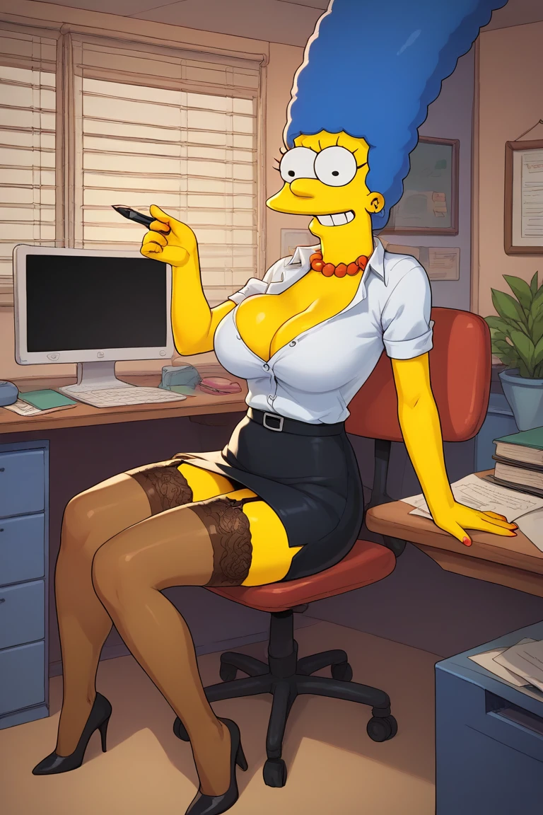 Marge Simpson very beautiful smiling with a super sexy body ((big breasts)) blue hair, with A secretary in a seductive outfit that includes a tight white blouse with a subtle neckline and a short black pencil skirt. She is wearing high heels, lace stockings and a thin belt that highlights her figure. The scene is set in an elegant office, with a desk, a computer and documents in the background, highlighting the combination of professionalism and sensuality in the outfit.
