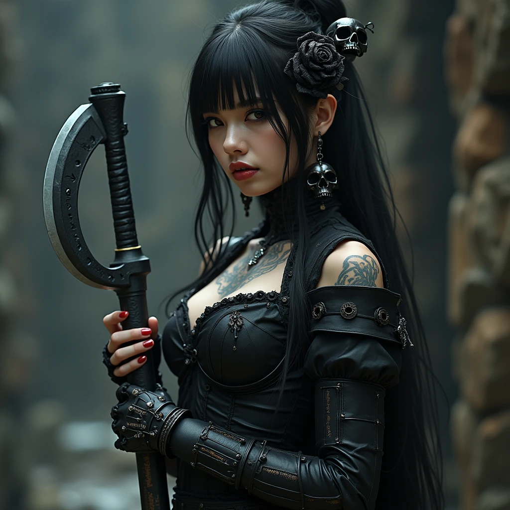 editorial photography,super detailed background,Super realistic,double exposure,depth of field,beauty super slender skinny vibes,soft focus tone,narrative scene,acrylic paint,high-contrast multilayer structure cyborg,full-body shot,wabi-sabi,super long straight brunette hair,Japanese sword Katana,bare shoulders,dystopia apocalypse,