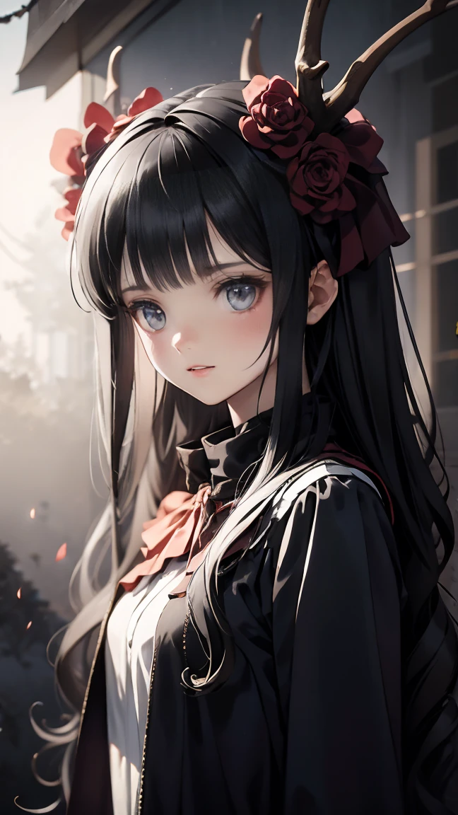 Masterpiece high quality high details realistic face ultra realistic face chubby face girl with slender fit figure and dark black long hair and hair woven with bow wearing red dress