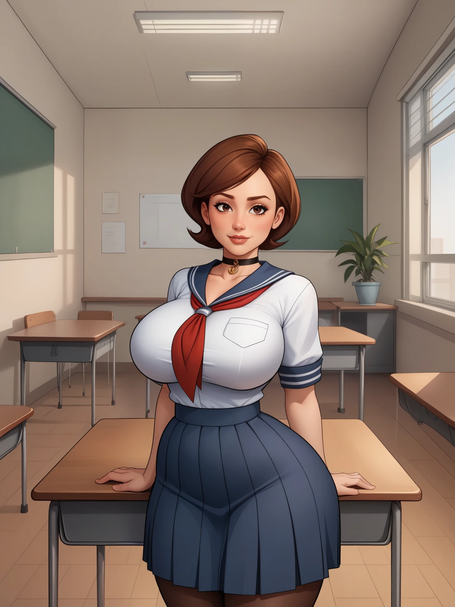 account_9, account_8_ex, account_7_ex, account_6_ex, account_5_ex, account_4_ex. Helen Parr. narrow waist. huge saggy breasts. huge hips. bbw. brown hair. brown eyes. the middle square. choker. school uniform. school class. desk. 