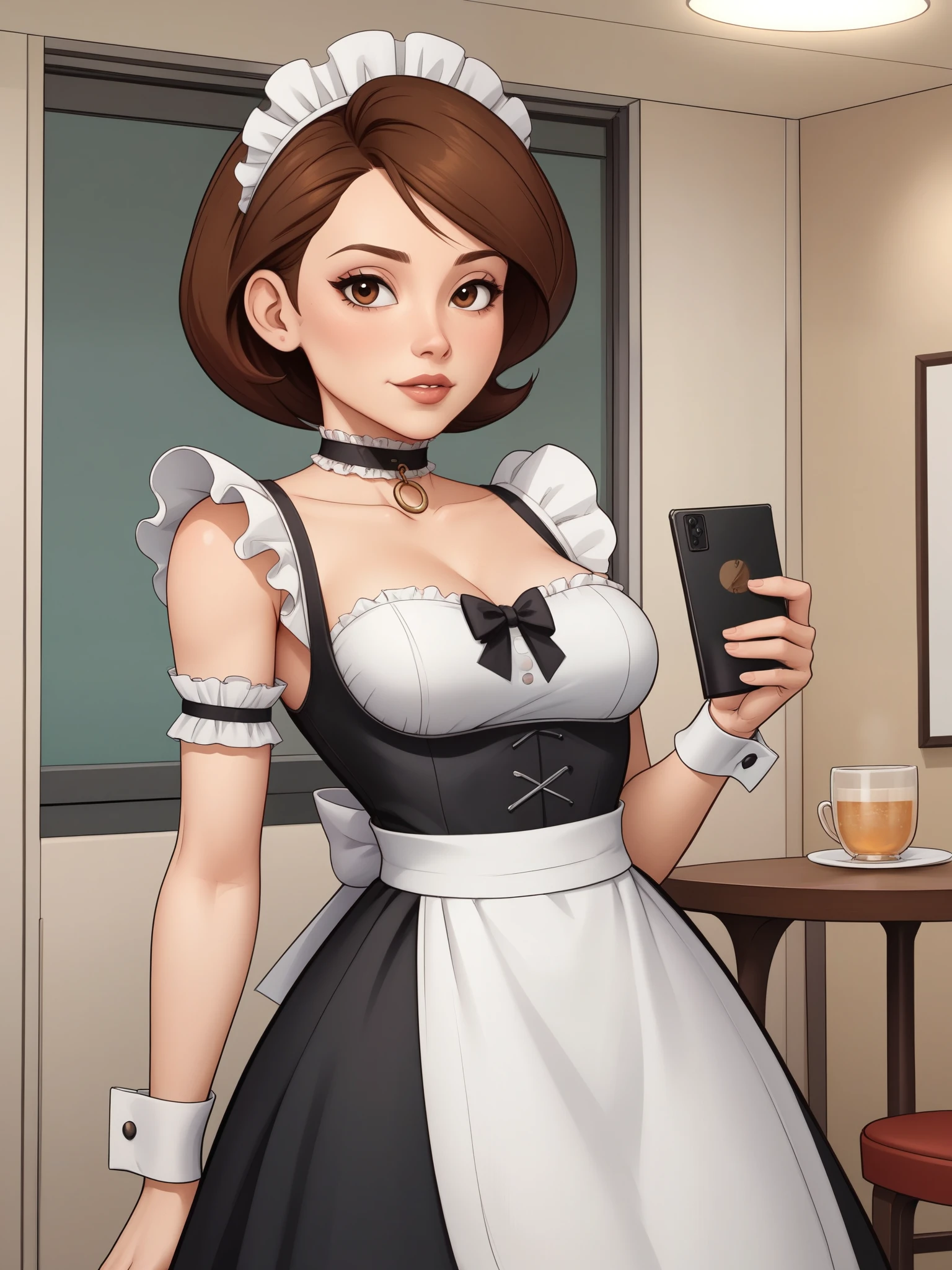 account_9, account_8_ex, account_7_ex, account_6_ex, account_5_ex, account_4_ex. Helen Parr. narrow waist. small saggy breasts. huge hips and buttocks. brown hair. brown eyes. the middle square. choker. maid. cafe