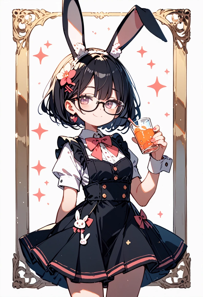  1 girl, black hair,Glasses, bunny girl,Hold Up