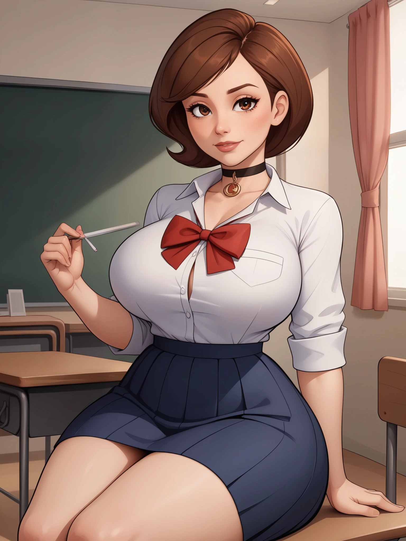 account_9, account_8_ex, account_7_ex, account_6_ex, account_5_ex, account_4_ex. Helen Parr. narrow waist. huge saggy breasts. huge hips. brown hair. brown eyes. the middle square. choker. school uniform. school class. desk. sitting