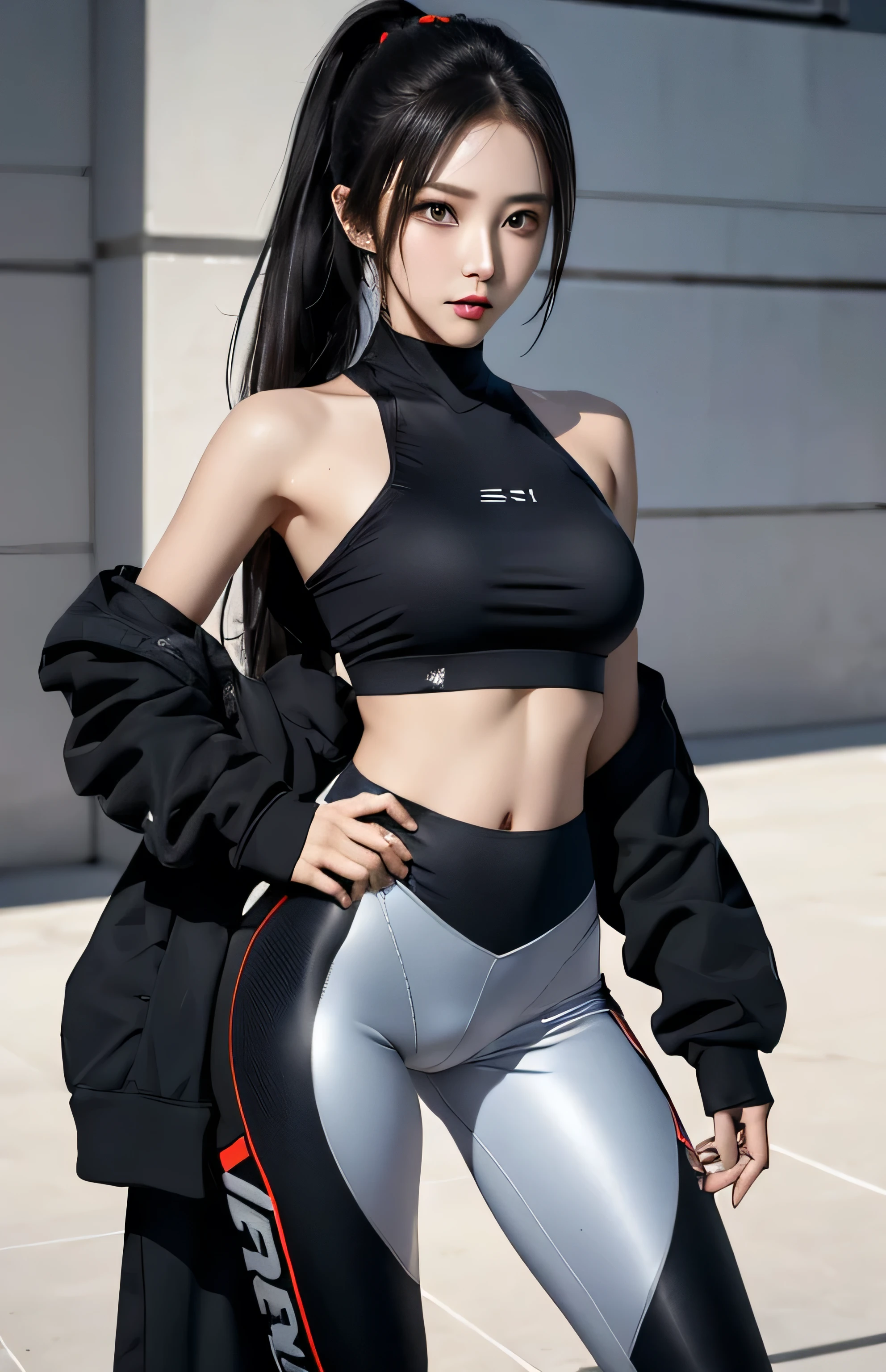 woman with black hair and bun , white three-stripe adidas gym leggings , black top , medium breats and thick thighs and sneakers , FullHD ,8K