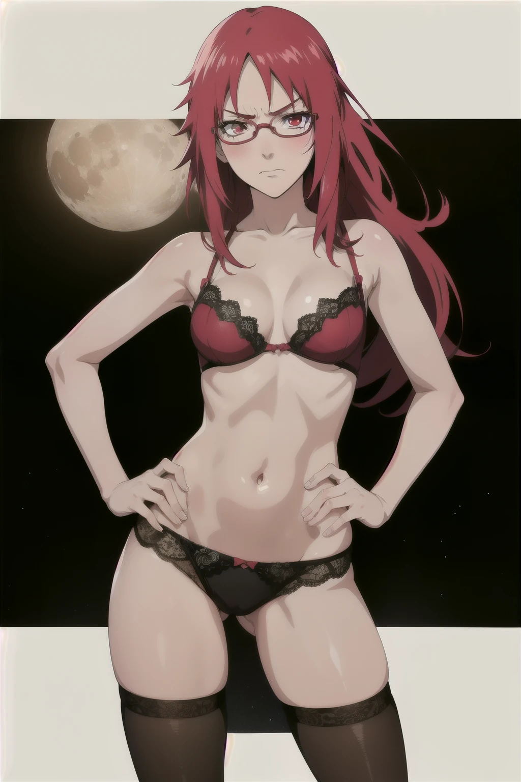 Anime style, karinuzukaki , Long red hair  , Red eyes ,shi body ,  angry face , blush , Red glasses, red top , highleg_panties,  lace stockings  . Front , badass pose , (Very small breasts), No bra, standing. Moon background,  ultra-detailed,  best wallpaper 