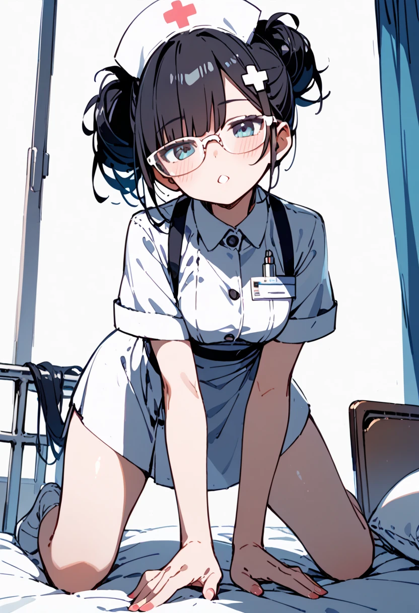  1 girl, black hair,Glasses,nurse, is on all fours