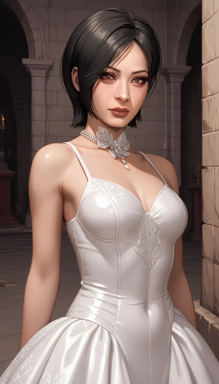 ((  Masterpiece  )), (familiar), precise, eyelash , (Resident Evil), (Ada wong), bare, ร่างbare, background, Sewer  , Short hair, Black hair, Black eyes, Black pupil,  Medium Breasts , Tight bridal dress