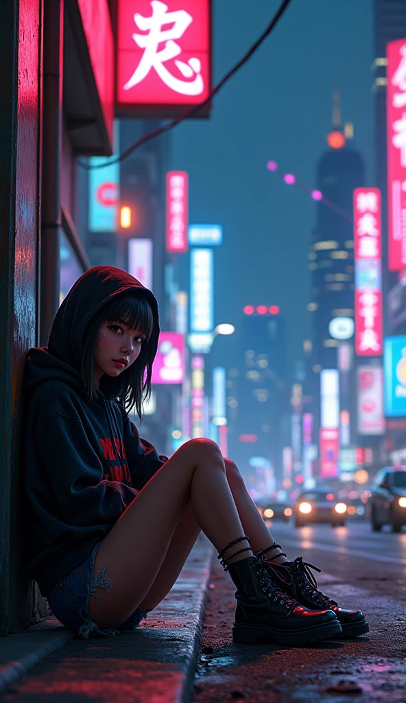 digital painting, cyberpunk city at night, neon street in a district on the outskirts of a large cyberpunk city, cyberpunk girl sitting on the ground and leaning against the wall of a building, wearing a black hoodie, ragged shorts, holey tights and combat boots, neon street lights illuminate her giving her strange colors, in the background a neon street, traffic, far in the distance you can see huge illuminated skyscrapers and neon holograms with advertisements, dirty and littered street, 8k masterpiece