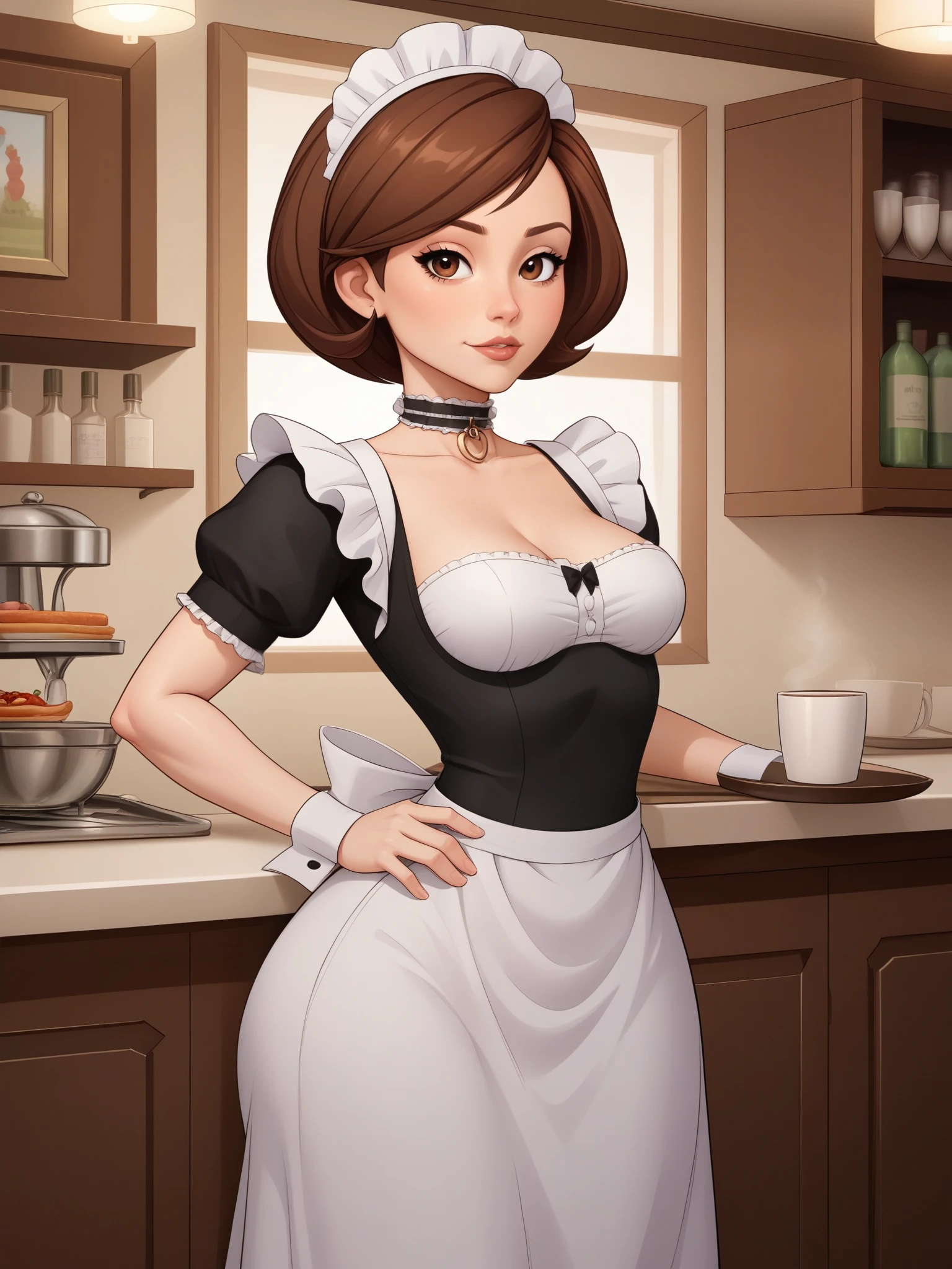 account_9, account_8_ex, account_7_ex, account_6_ex, account_5_ex, account_4_ex. Helen Parr. narrow waist. small saggy breasts. huge hips and buttocks. brown hair. brown eyes. the middle square. choker. maid. cafe