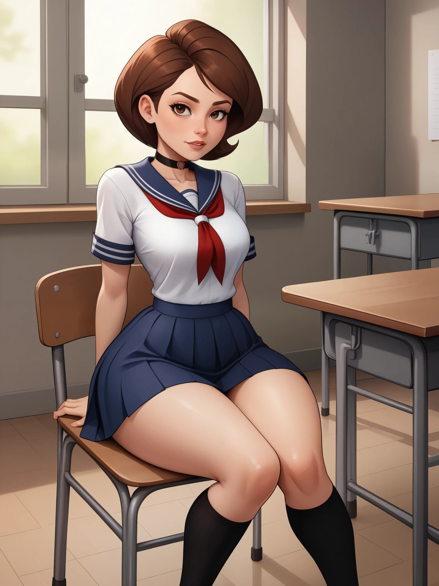 account_9, account_8_ex, account_7_ex, account_6_ex, account_5_ex, account_4_ex. Helen Parr. narrow waist. small saggy breasts. huge hips. brown hair. brown eyes. the middle square. choker. school uniform. school class. desk. sitting