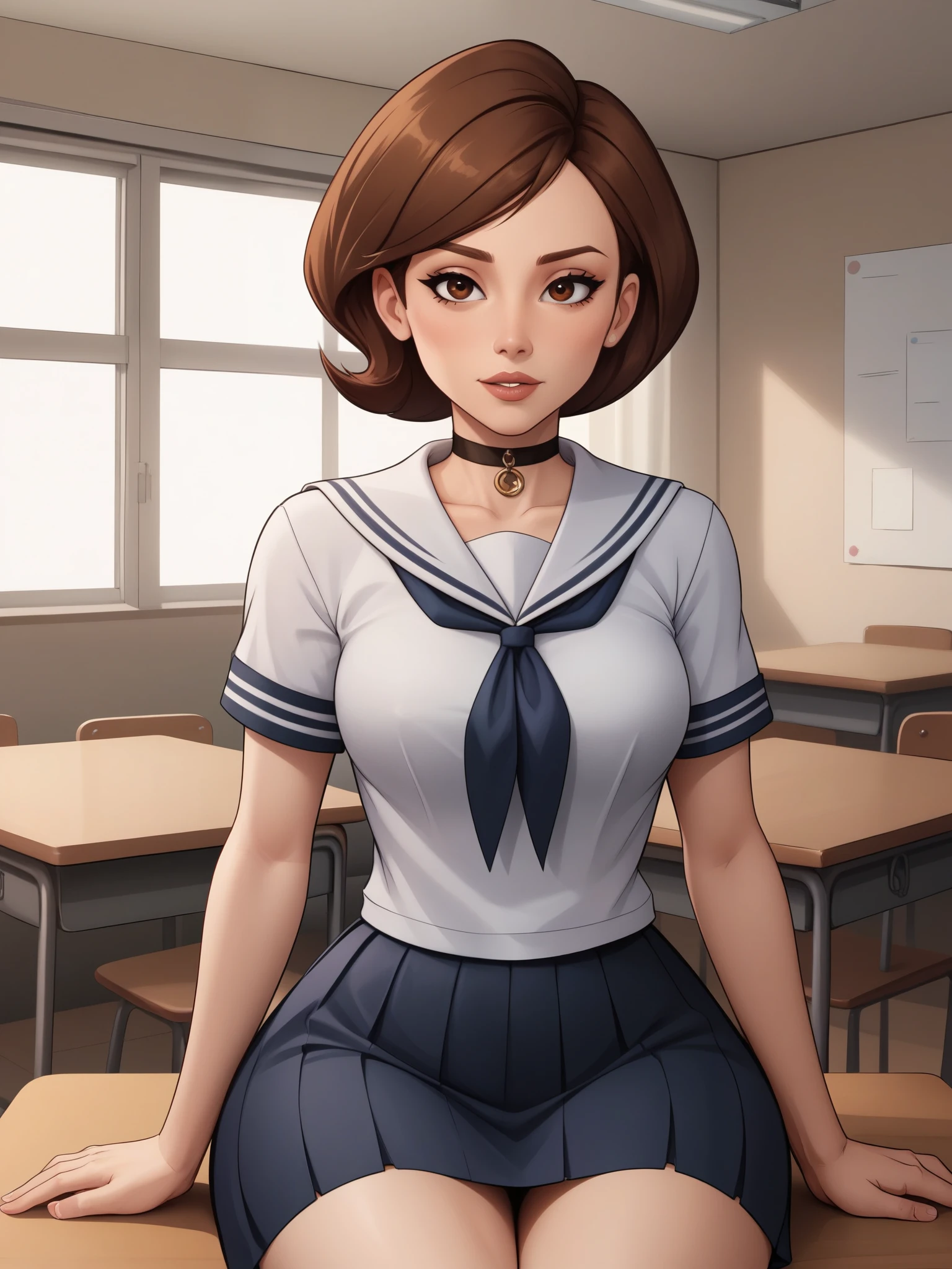 account_9, account_8_ex, account_7_ex, account_6_ex, account_5_ex, account_4_ex. Helen Parr. narrow waist. small saggy breasts. huge hips. brown hair. brown eyes. the middle square. choker. school uniform. school class. desk. sitting