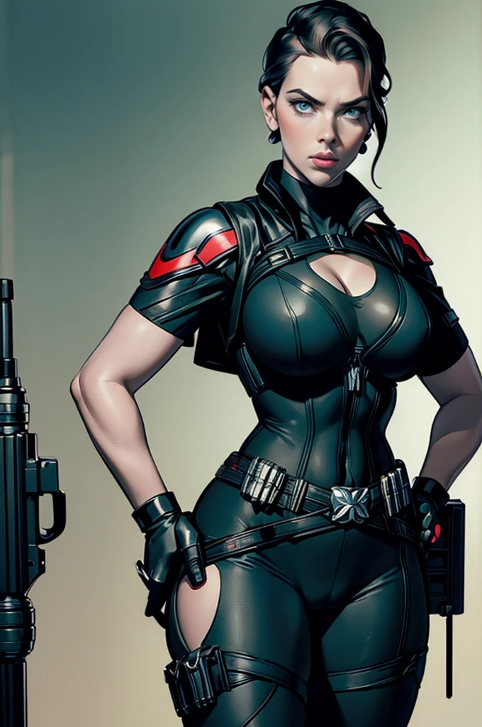 Scarlett Johansson as Black Widow, ((Masterpiece)); ((Natural Beauty)); ((Ultrarealistic green eyes)); beautiful detailed eyes, beautiful detailed lips: both eyes are similar; thick eyelashes; ((Ultrarealistic fair white skin)); ((Round boobs)); Deep Cleavage; pokies; ((Ultrarealistic red short classic bob haircut hairstyle)); ((Ultrarealistic round Asscheeks)); slim waist; ((Ultrarealistic widow bite black gloves)); ((Ultrarealistic black widow utility belt)); black and red tactical vest; Bright Red stripe accents on the side of the suit; Short sleeve; looking at the viewer;  
She stands with her feet shoulder-width apart, one hand on her hip and the other resting on a weapon holstered at her side. Her short hair is slicked back, and she has an intense, intimidating stare that shows she means business. "Dramatic lighting, cinematic composition"