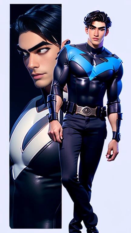 (Best Quality), (Best Quality), (Best Quality), (Overall view) Beautiful young young man 18 years old with a cool and handsome face, nightwing costume,  Height: 190cm,Slender Man, Height: 190cm, Long Hair,  long bangs ,