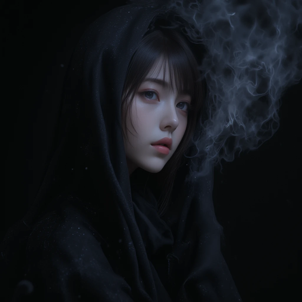 Hyper-detailed digital painting featuring an East-Asian woman in a black, witch-like robe, giving her an ethereal and mysterious presence. She appears as an incorporeal ghost, surrounded by glowing fog, set against a deep black backdrop. This dynamic portrait captures her in hyperrealism with RAW, vibrant color, showcasing intricate details and a bokeh effect that adds depth and atmosphere. The piece is inspired by the artistic styles of Jean Baptiste Monge, Carne Griffiths, Michael Garmash, Seb McKinnon, and Wadim Kashin. The diffuse lighting enhances her ghostly, otherworldly appearance, adding a subtle glow to her face and robe. The image combines fashion and photorealism with the crisp clarity of Nikon photography, creating a high-definition, 300mm effect that highlights every intricate detail, making it appear almost lifelike.