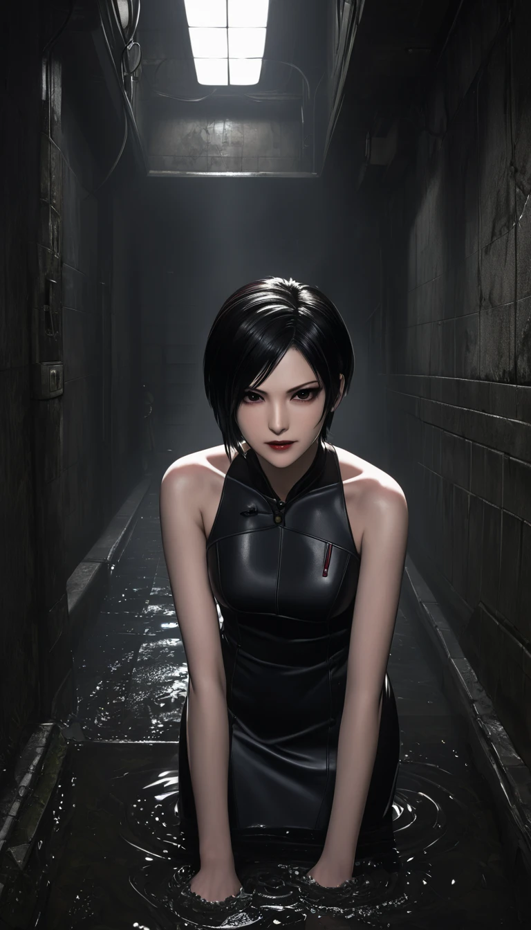 ((  Masterpiece  )), (familiar), precise, eyelash , (Resident Evil), (Ada wong), bare, ร่างbare, background, Sewer  , Short hair, Black hair, Black eyes, Black pupil,  Medium Breasts , Black tight-fitting bridal dress