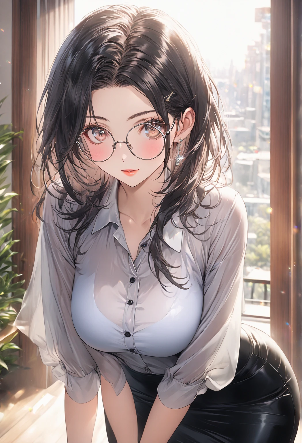 ((Highest quality)), ((masterpiece)), (detailed), (front view), (one girl), sexy, shiny skin, glossy skin, height 168cm, bust 120cm, medium size breast, hourglass body, housewife, black hair parted bangs, A mother with warm eyes, Wearing round glasses, Looking at the viewer with gentle eyes, wearing a fitted blazer in a soft pastel or neutral color over a smooth blouse, paired with a sleek, knee-length pencil skirt. The blazer features subtle accents, like fine stitching and small buttons, and her outfit is complemented by simple, elegant jewelry, creating a polished, sophisticated look that conveys both professionalism and elegance. The fabric is slightly translucent in the sunlight.
