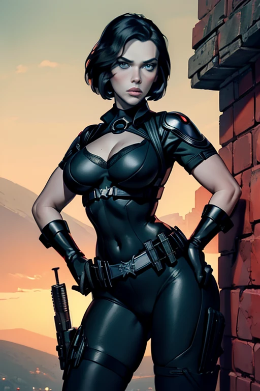 Scarlett Johansson as Black Widow, ((Masterpiece)); ((Natural Beauty)); ((Ultrarealistic green eyes)); beautiful detailed eyes, beautiful detailed lips: both eyes are similar; thick eyelashes; ((Ultrarealistic fair white skin)); ((Round boobs)); Deep Cleavage; pokies; ((Ultrarealistic red short classic bob haircut hairstyle)); ((Ultrarealistic round Asscheeks)); slim waist; ((Ultrarealistic widow bite black gloves)); ((Ultrarealistic black widow utility belt)); black and red tactical vest; Bright Red stripe accents on the side of the suit; Short sleeve; looking at the viewer;  
She stands with her feet shoulder-width apart, one hand on her hip and the other resting on a weapon holstered at her side. Her short hair is slicked back, and she has an intense, intimidating stare that shows she means business. "Dramatic lighting, cinematic composition"