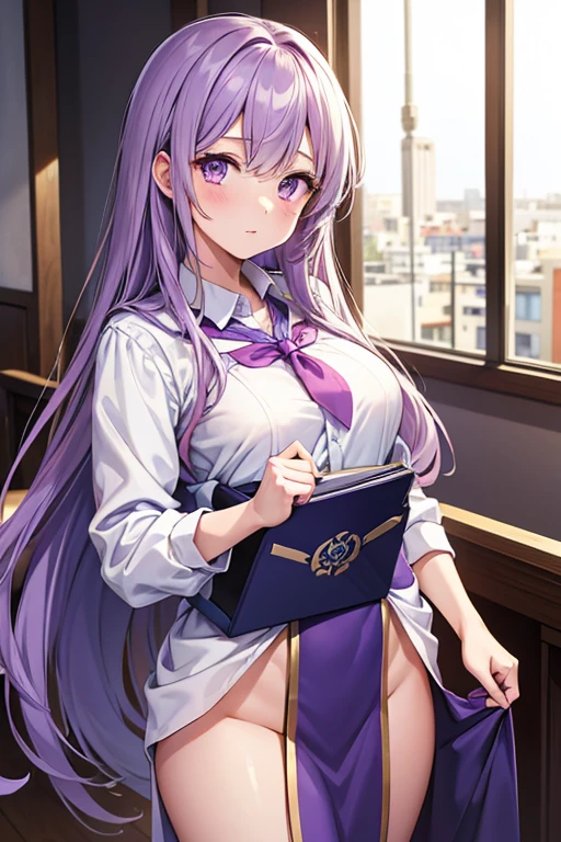  1 beautiful girl with pieces 　Shows up to the waist　 light purple loosely wrapped long hair　Purple eyes　 No Emotion　professor　大学professor　University lecture hall　blue and white academic dress　Piraeus Rotundas 