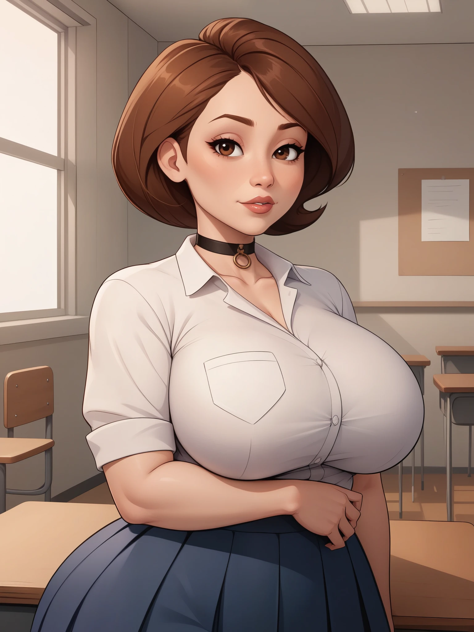 account_9, account_8_ex, account_7_ex, account_6_ex, account_5_ex, account_4_ex. Helen Parr. narrow waist. huge saggy breasts. huge hips. bbw. brown hair. brown eyes. the middle square. choker. school uniform. school class. desk. 