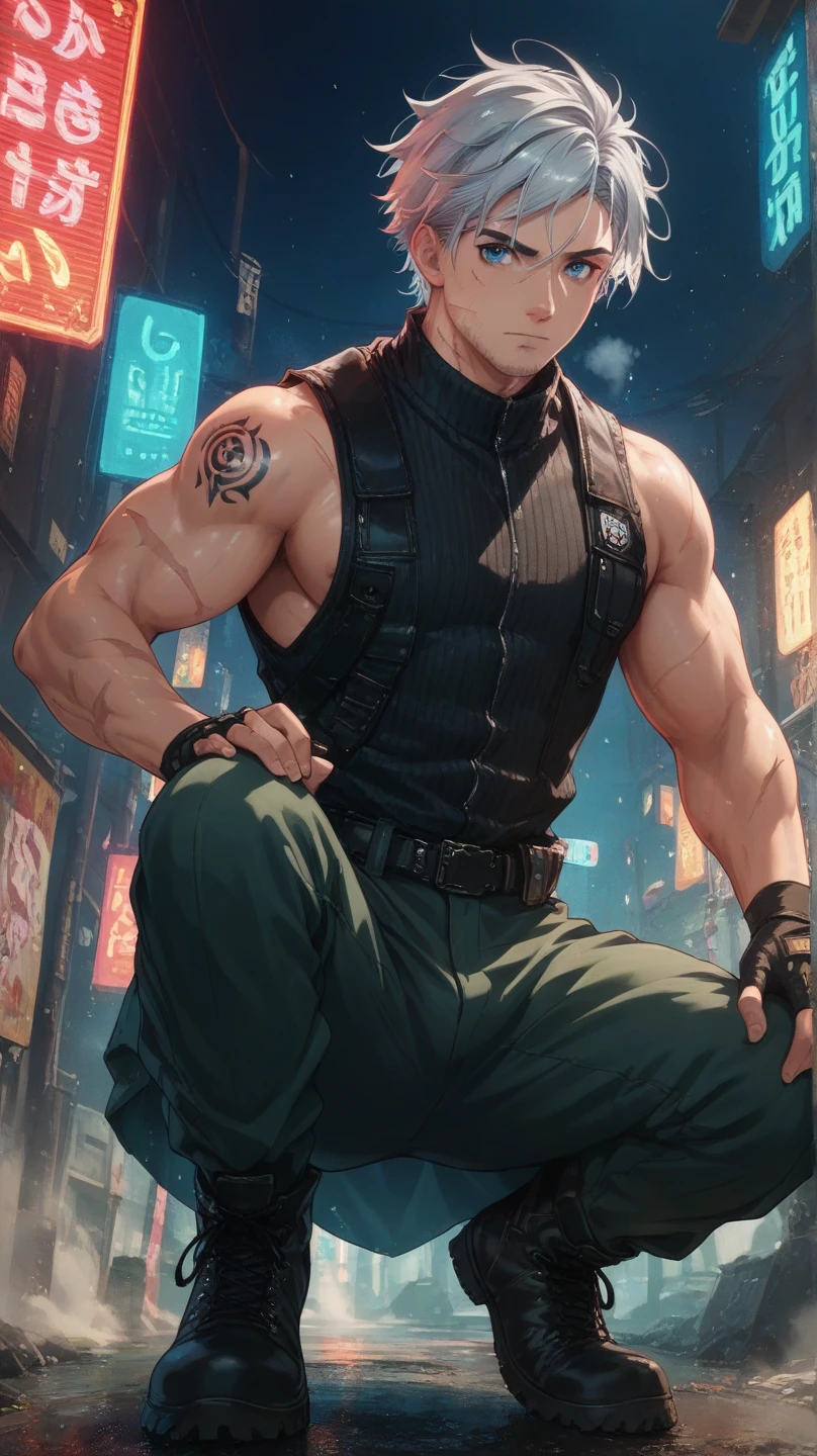 straight view of A rebellious-looking fighter with long, messy silver hair, dressed in a black sleeveless vest, fingerless gloves, and combat boots. His muscular arms are covered in scars and tattoos. add light on face to highlight. He’s standing in the middle of a dimly lit alleyway with steam rising from manholes, the walls lined with neon signs and street art, giving him a dangerous yet stylish vibe. straight view looking towards viewer.