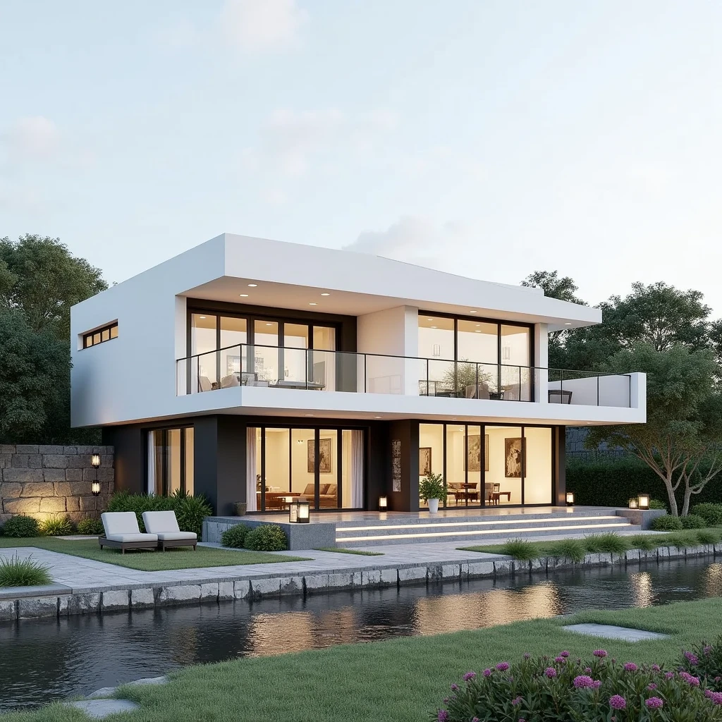 (masterpiece, best quality:1.2), Flux KTHOUSE Villa - Minimal 141124, 1 villa,  exterior design:1.3,  minimalism style villa, daylight, volumetriclight:1.5, NO LAKE, 