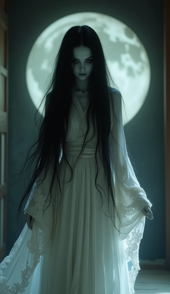  famous ghosts appearing in Japanese folklore 、sadako ,  Generate an image of ,  reinterpreted as a beautiful yet creepy woman. She has been a long time,  dark hair flowing down to her waist ,  and her white skin is dim , Moonlight Background.  her eyes are slightly elusive , But、 Her delicate features make her look graceful and graceful .  she is white flowing with intricate patterns ,  blends an eerie atmosphere with a sense of quiet beauty .  The scene is old , traditional Japanese house with wooden floor and paper walls,  adds a suspicious vibe .