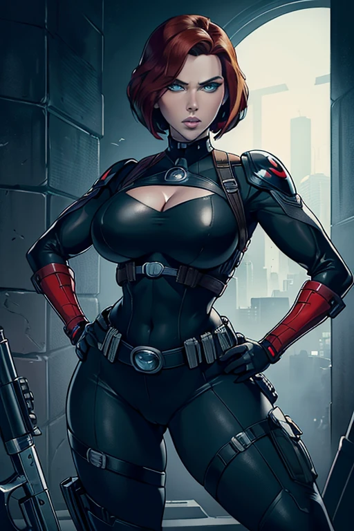 Scarlett Johansson as Black Widow, ((Masterpiece)); ((Natural Beauty)); ((Ultrarealistic green eyes)); beautiful detailed eyes, beautiful detailed lips: both eyes are similar; thick eyelashes; ((Ultrarealistic fair white skin)); ((Round boobs)); Deep Cleavage; pokies; ((Ultrarealistic red short classic bob haircut hairstyle)); ((Ultrarealistic round Asscheeks)); slim waist; ((Ultrarealistic widow bite black gloves)); ((Ultrarealistic black widow utility belt)); black and red tactical vest; Bright Red stripe accents on the side of the suit; Short sleeve; looking at the viewer;  
She stands with her feet shoulder-width apart, one hand on her hip and the other resting on a weapon holstered at her side. Her short hair is slicked back, and she has an intense, intimidating stare that shows she means business. "Dramatic lighting, cinematic composition"