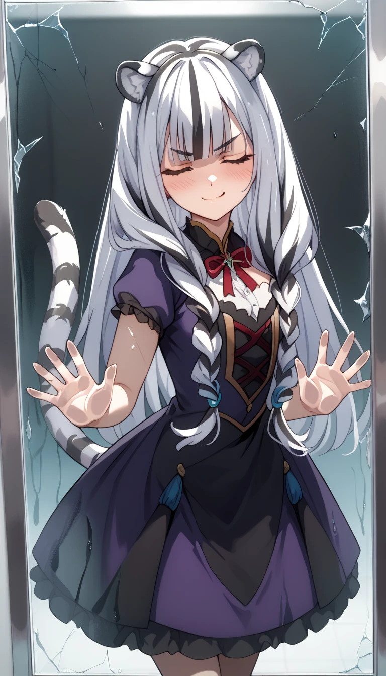 ((masterpiece)), 1girl, solo, long hair, white tiger ears, white tiger tail, closed eyes, standing, blush, malicious smirk, looking at viewer, yandere, behind the glass, breaking glass, cracks on glass, predatory look, white hair, two-tone hair, purple dress, black dress, multicolored dress.