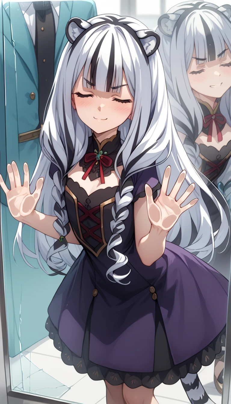 ((masterpiece)), 1girl, solo, long hair, white tiger ears, white tiger tail, closed eyes, standing, blush, malicious smirk, looking at viewer, yandere, behind the glass, breaking glass, cracks on glass, predatory look, white hair, two-tone hair, purple dress, black dress, multicolored dress.