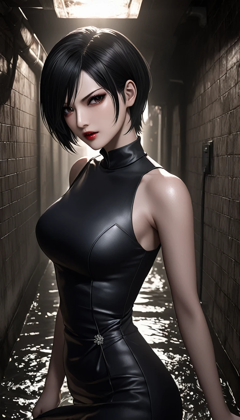 ((  Masterpiece  )), (familiar), precise, eyelash , (Resident Evil), (Ada wong), bare, ร่างbare, background, Sewer  , Short hair, Black hair, Black eyes, Black pupil,  big chest  , Black tight-fitting bridal dress