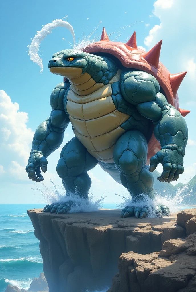 Create a hyper-realistic mix between the Pokémon Tortank and Galeking on a cliff next to the ocean with water and metallic elements that revolve around him and that come out of his skin