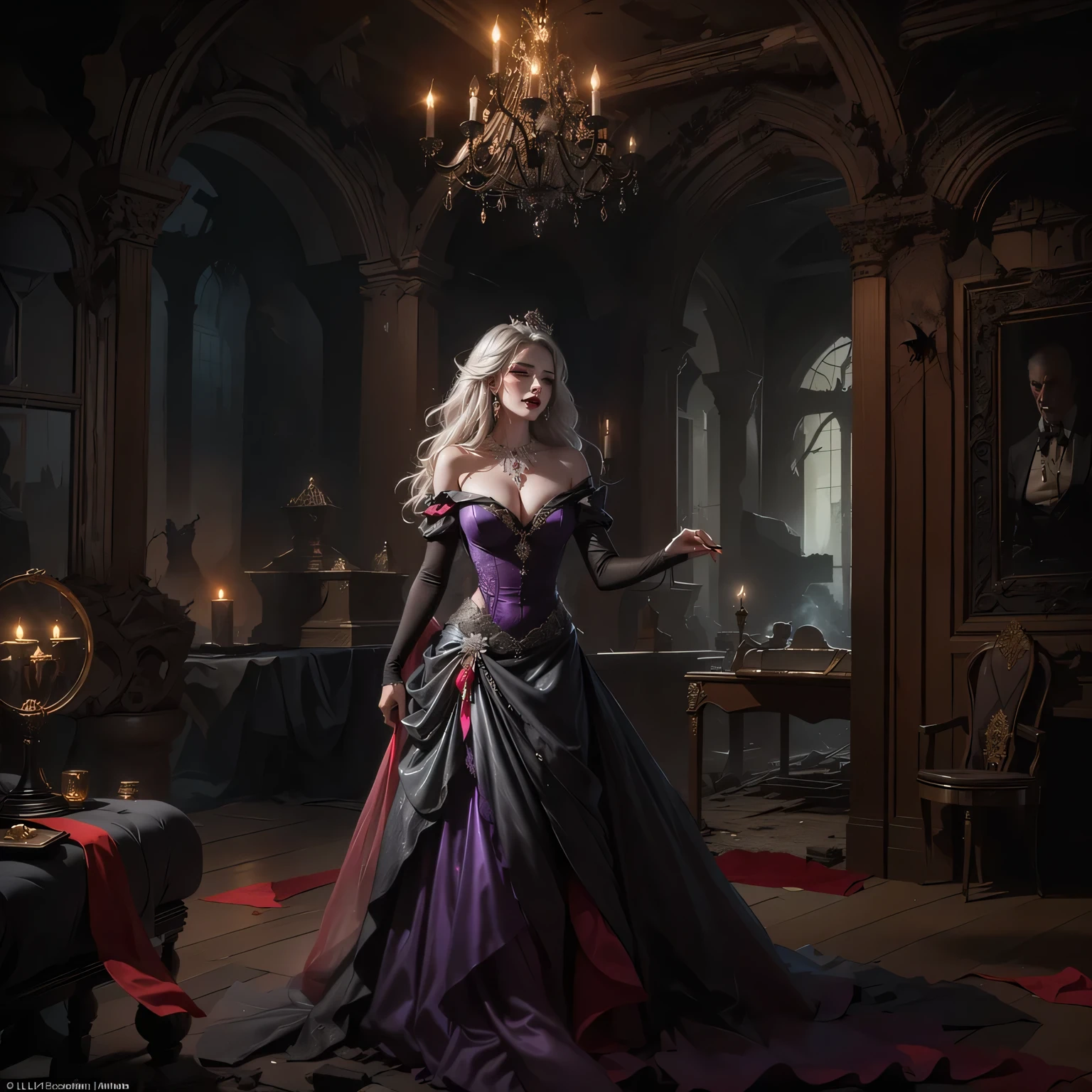 Fantasy art, RPG art, Dark fantasy art,  picture of extremely 1beautiful Barbie vampire, Barbie mistress of death, she has long hair, flowing hair, wavy hair, blond hair, pale grey skin, red eyes, (stains of blood on face: 1.2), she wears dark pink dress, silk dress, she wears stockings, high heels, Barbie dollhouse backgrond, dynamic position, (full body: 1.2) dim candles light, dark fantasy art, gothic art, dynamic angle, best details, best quality, 16K, [ultra detailed], masterpiece, best quality, (ultra detailed), full body, ultra wide shot, photorealistic, 3D rendering, NeroV2