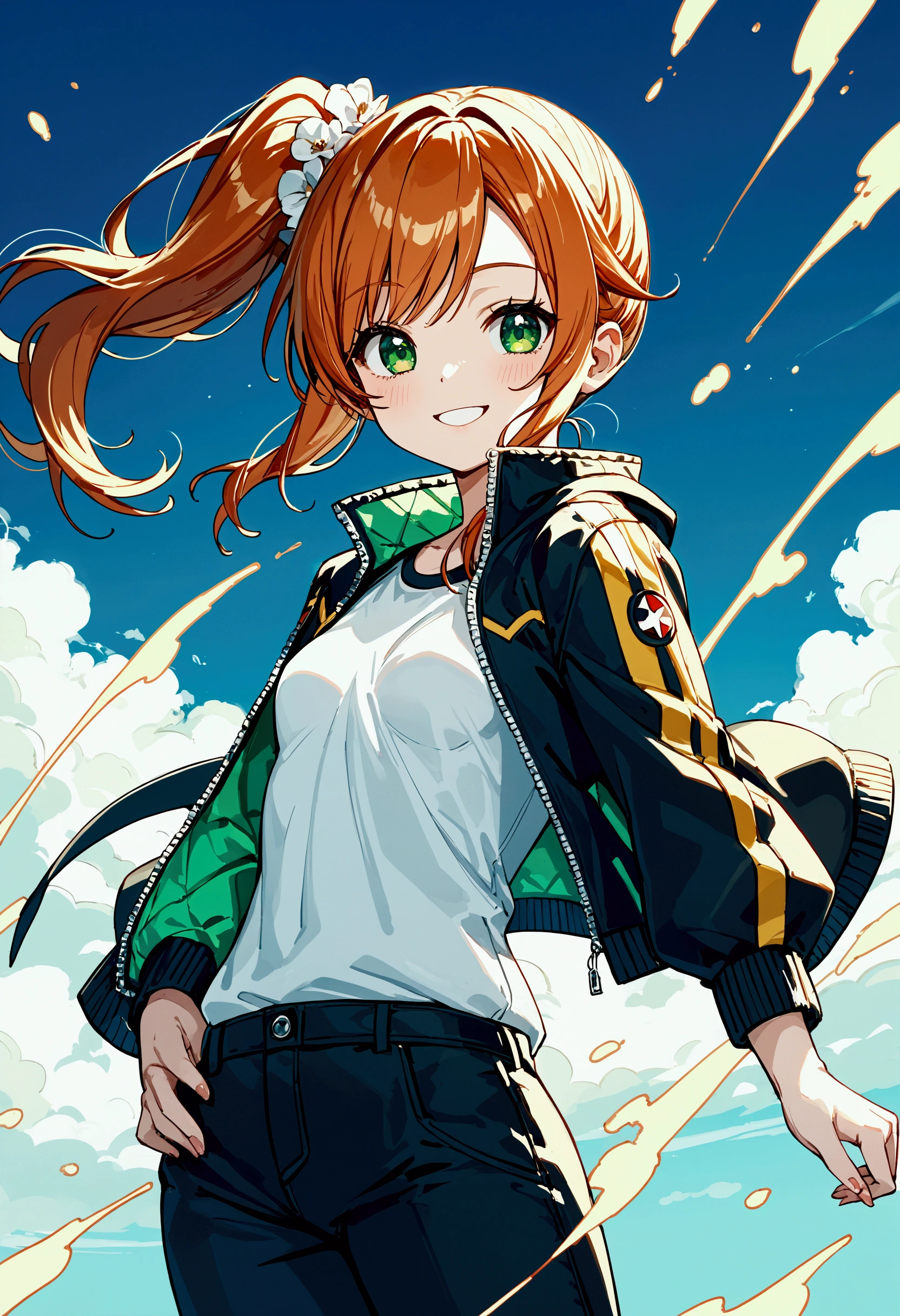 @タカヒロ, 1girl\(Cute,Orange Hair,riders jacket,small breasts,shining green eyes, big eyes,side ponytail,,(big smile),beautiful smile,fun).background\((shrimps:1.3) and (french-fries:1.3) in the air\).score_9, score_8_up, score_7_up, score_6_up, score_5_up, score_4_up, source_anime,source_furry,rating_safe,rating_questionable,masterpiece, best quality, perfect anatomy , very aesthetic , absurdres ,(Hong Kong action cinema style),(beautiful Bokeh)