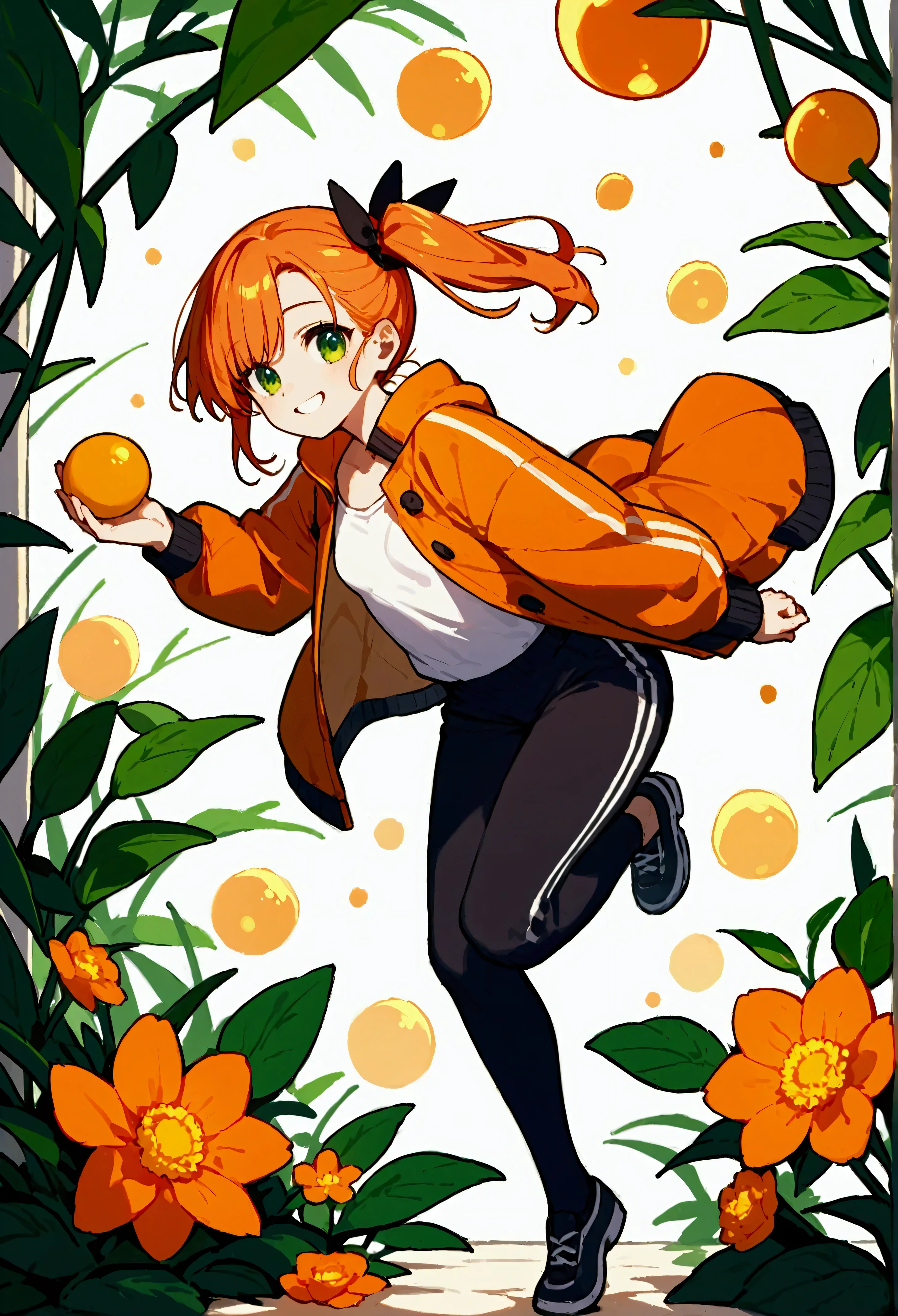 @タカヒロ, 1girl\(Cute,Orange Hair,riders jacket,small breasts,shining green eyes, big eyes,side ponytail,,big smile,beautiful smile,fun).background\(shrimp and french-fries in the air \).score_9, score_8_up, score_7_up, score_6_up, score_5_up, score_4_up, source_anime,source_furry,rating_safe,rating_questionable,masterpiece, best quality, perfect anatomy , very aesthetic , absurdres ,Hong Kong action cinema style,(beautiful Bokeh)