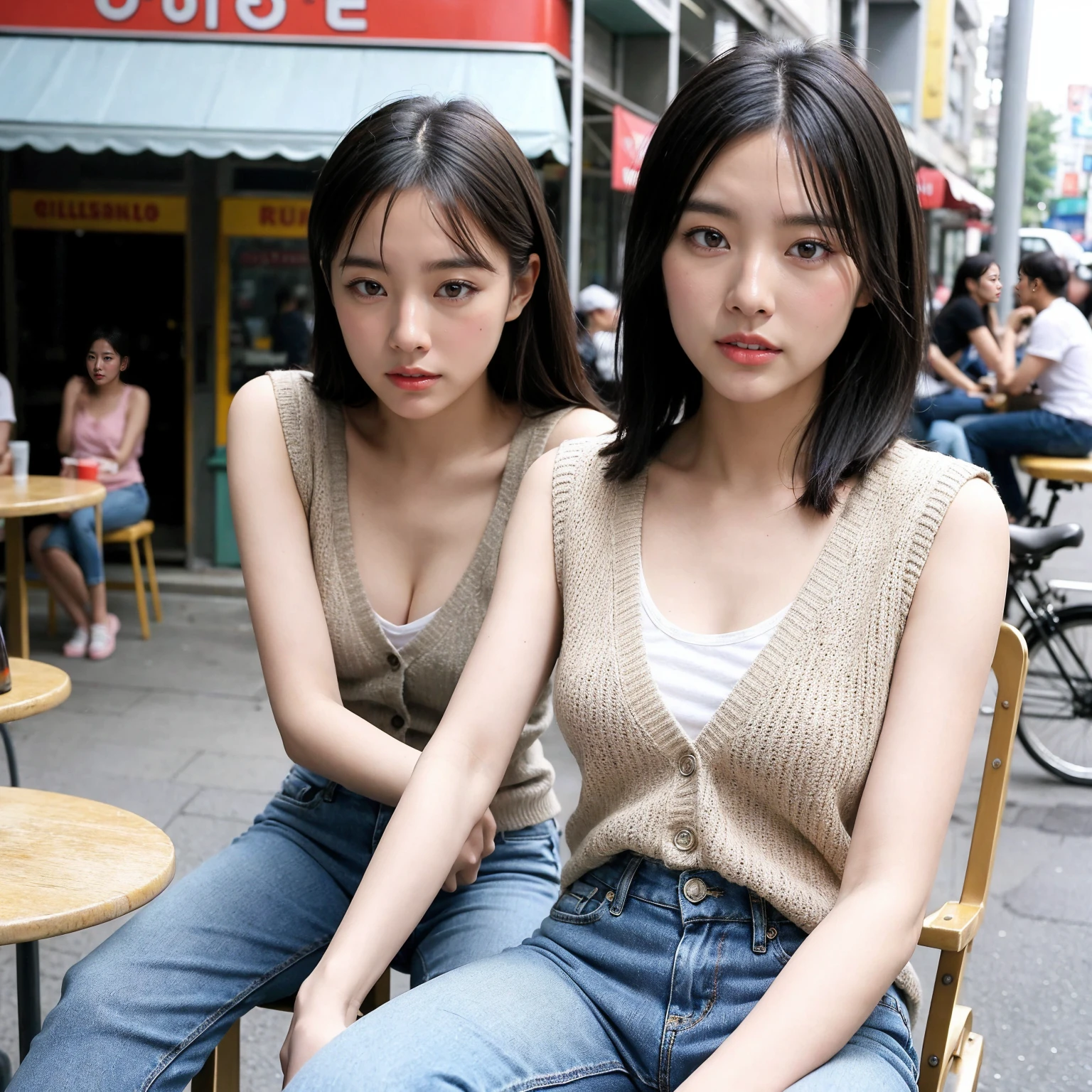 Real, highly detailed photo, (Realism:1.7), (highest quality:1.6), a young Asian woman sitting at an outdoor café table in a lively city street. She is wearing a chic yet casual outfit: a light cardigan over a sleeveless top paired with high-waisted jeans. Her hair falls naturally over her shoulders, slightly tousled by the breeze. She is enjoying a cup of coffee, her expression soft and contemplative. The background captures the bustling urban environment, with blurred pedestrians, bicycles, and colorful storefronts. Soft, natural lighting highlights her face, casting gentle shadows and enhancing skin texture. Fine film grain adds a cinematic touch, shot with a Sony α7R IV, 50mm lens, f/2