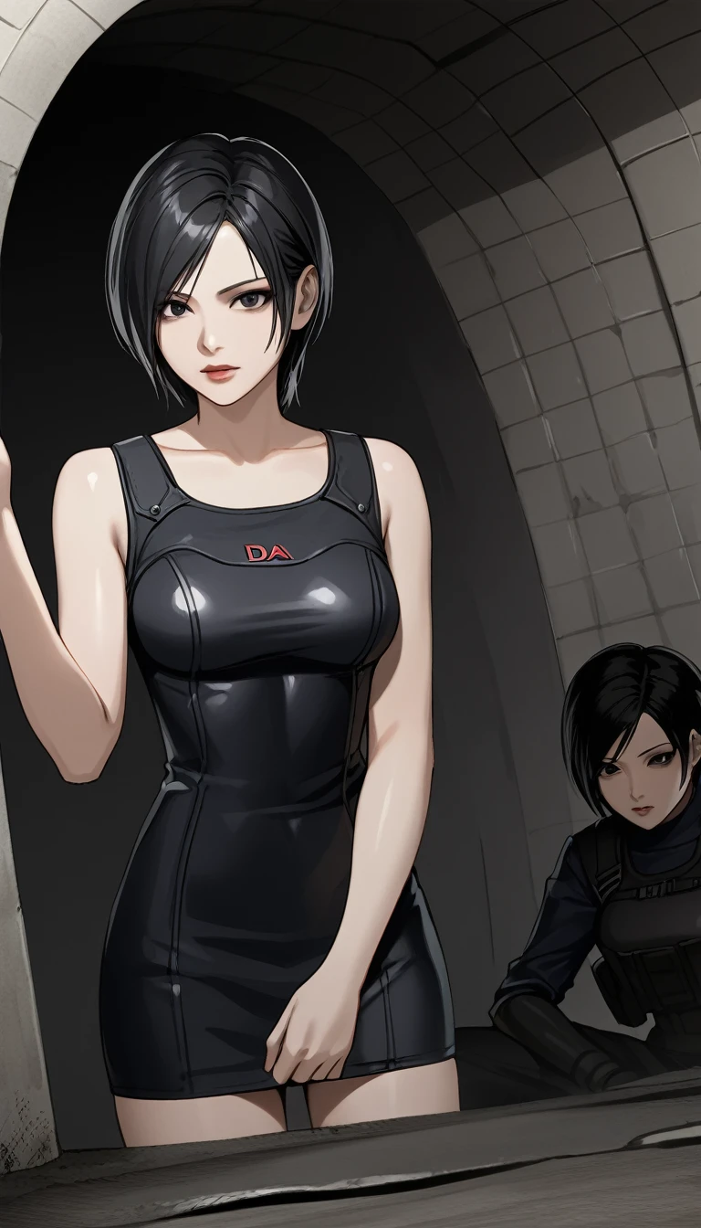 ((  Masterpiece  )), (familiar), precise, eyelash , (Resident Evil), (Ada wong), bare, ร่างbare, background, Sewer  , Short hair, Black hair, Black eyes, Black pupil,  Medium Breasts , Black tight-fitting dress, Black Miniskirt Skirt