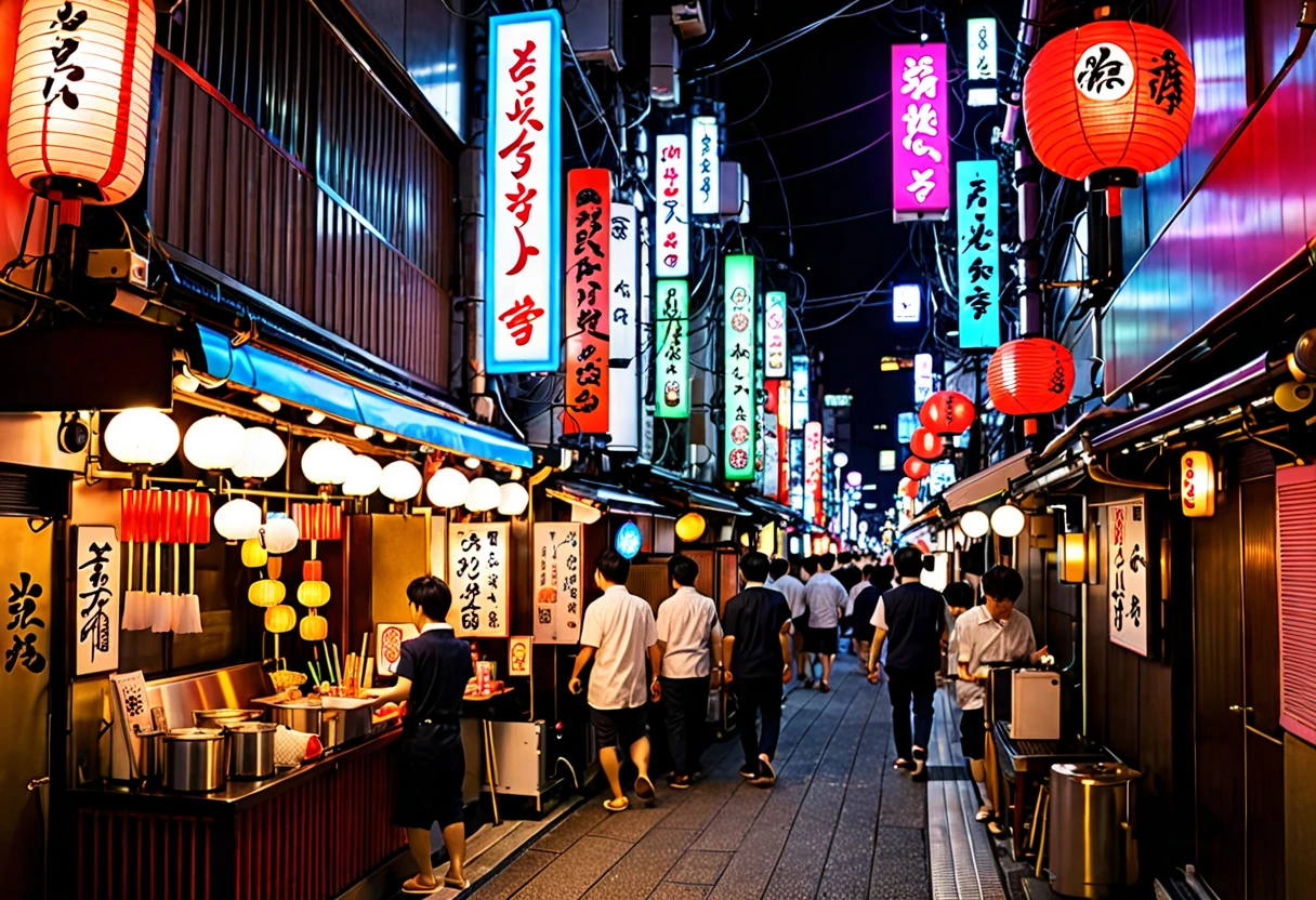 Osaka, Night City, neon,  standing bar, Kushikatsu, Lantern, Narrow Street, congestion, Vibrancy, Local feeling 