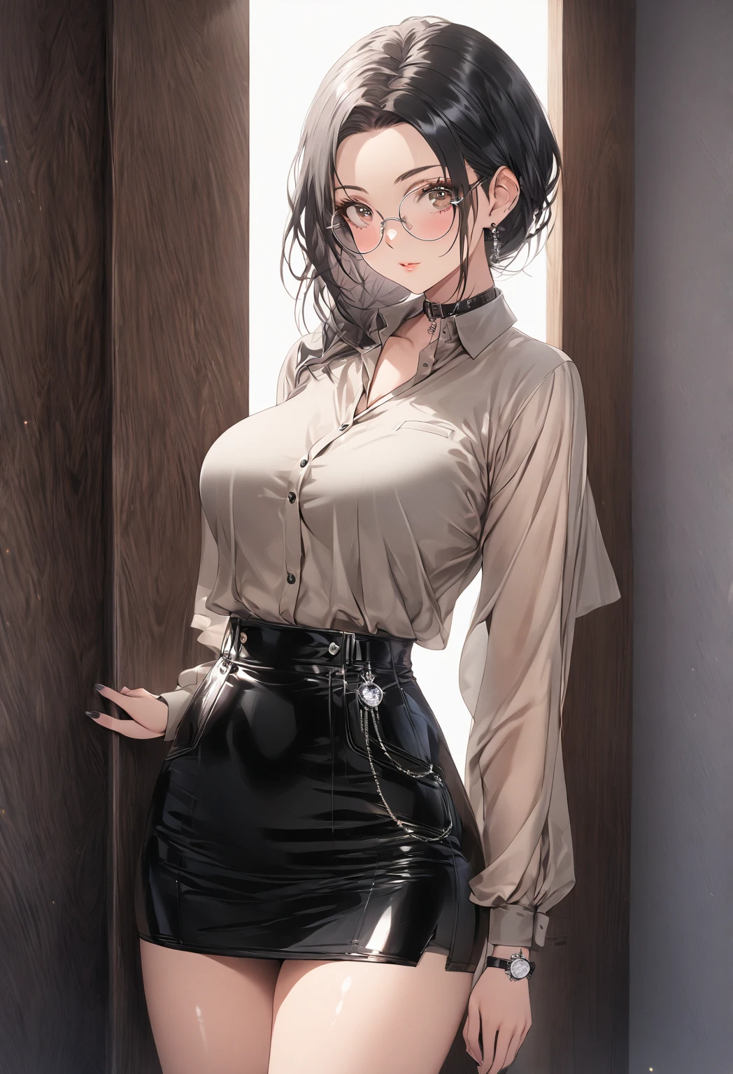 ((highest quality)), ((masterpiece)), (detailed), (front view), (one girl), sexy, shiny skin, glossy skin, height 168cm, bust 120cm, medium size breast, hourglass body, housewife, black hair parted bangs, A mother with warm eyes, Wearing round glasses, Looking at viewer with gentle eyes, Dressed in a fitted, tailored beige blouse with a structured collar, paired with a high-waisted charcoal gray pencil skirt. She wears classic pointed-toe heels in black leather and a tailored gray blazer. Accessories include a silver watch. The fabric is slightly translucent in the sunlight.