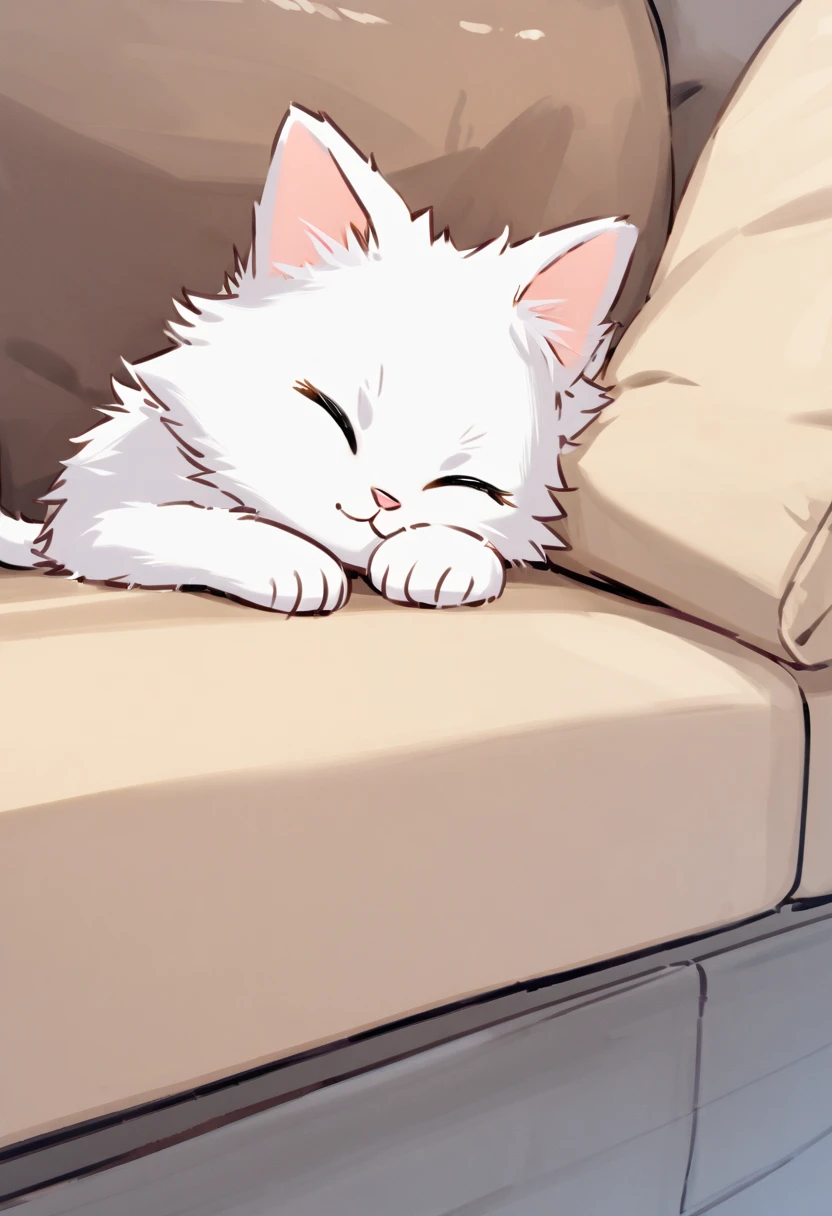   A cute and small cat  ,    dressed in a shirt and short shorts , with a furry tail    , sleeping on the couch 