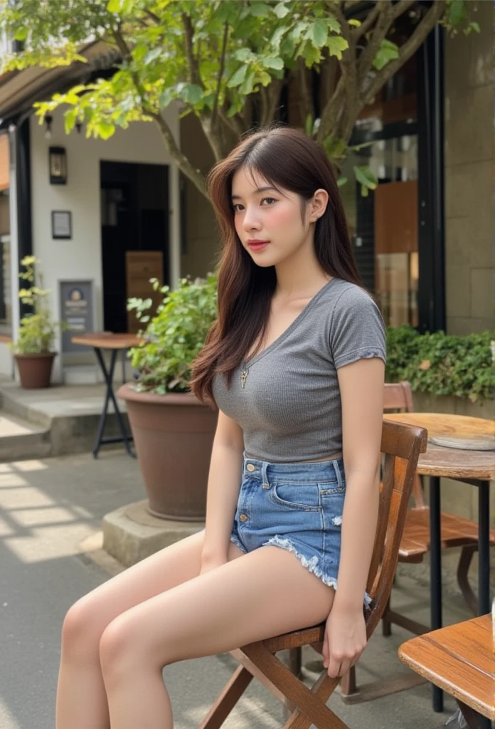 ((Best quality)),((8K)), portrait,A photo of an Thai woman wearing short denim women with gray t shirt slim fit, sitting on chair out door, front door,cafe, small tree , legs , full body 