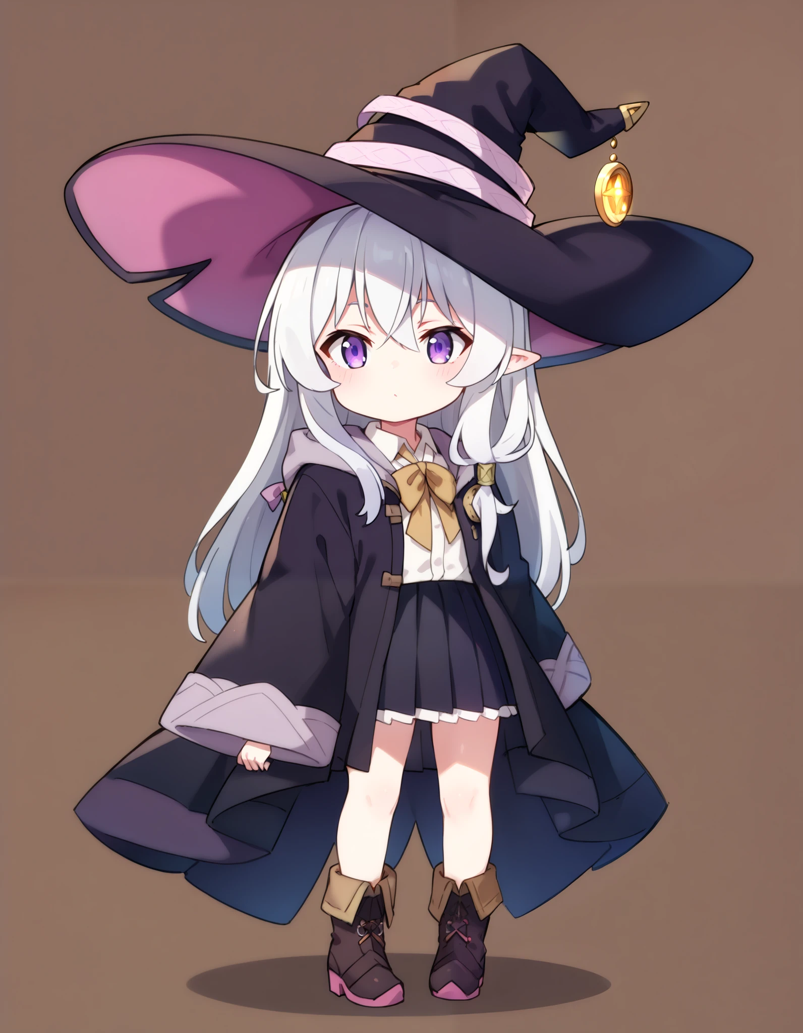 Masterpiece, hd, best quality, detailed, elaina \(majo no tabitabi\),purple eyes, grey hair, white hair, long hair,witch hat,collared shirt,robe,wide sleeves,pleated skirt,frilled skirt,pointy footwear, brown boots, standing, fullbody, chibi, chibi style 