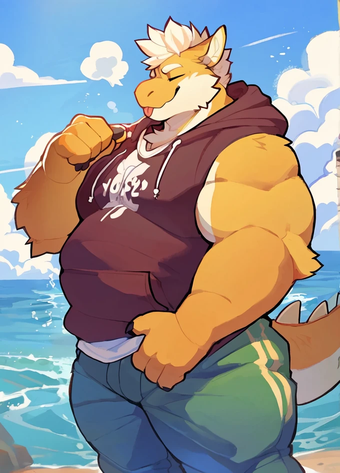 solo, male, 1 boy, fat, obese, rolls, thick thighs, massive thighs, big belly, rounded belly, massive belly, love handles, big pecs, rounded pecs, bulging pecs, massive pecs, big biceps, very extremely thick, plump, chubby, anthro, furry, dragon, floofy hair, eyes shut, blep, smug expression, hoodie, hoodie pockets, pants, by bigcozyorca, by Takemoto Arash, shading, good proportions, best quality, good quality, no background, standing