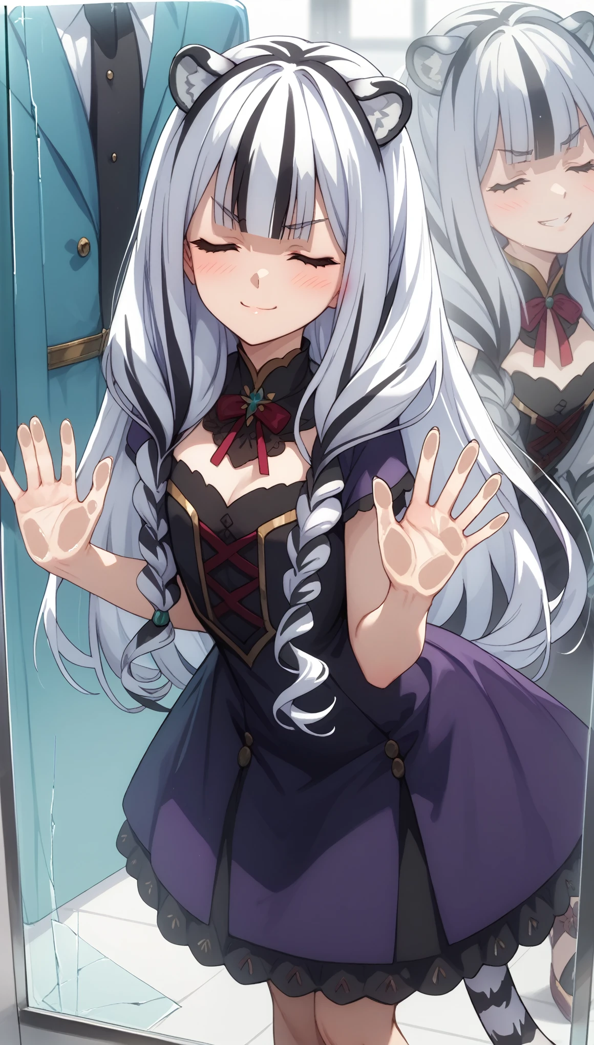 ((masterpiece)), 1girl, solo, long hair, white tiger ears, white tiger tail, closed eyes, standing, blush, malicious smirk, looking at viewer, yandere, behind the glass, breaking glass, cracks on glass, predatory look, white hair, two-tone hair, purple dress, black dress, multicolored dress.