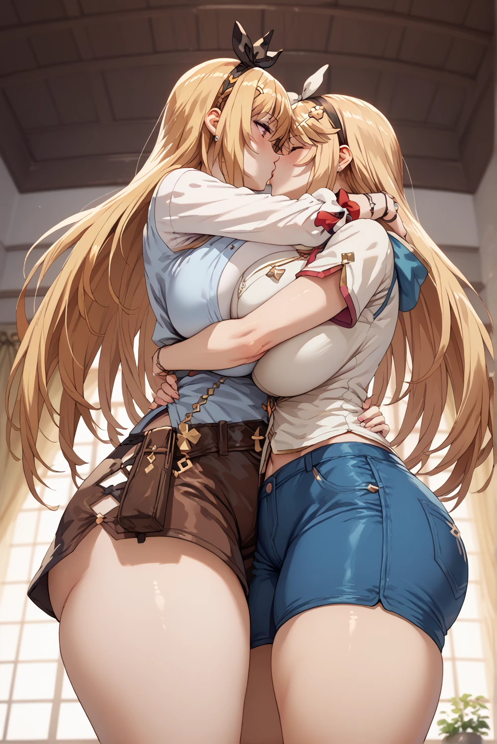 2 girls,Reisalin-Stout,Misaki-Shokuhou,standing,hug,kiss,tight-fitting,((gigantic huge busty,)),huge hips,low angle,from below,