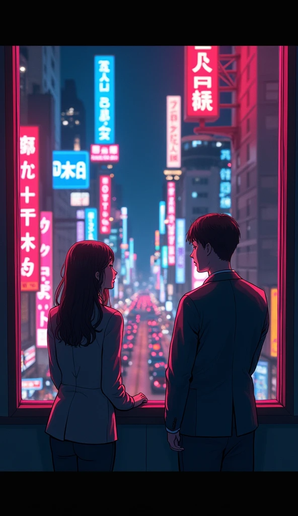 (Masterpiece, High Definition, High Definition, 4K, 8k, detail), Overtime office worker looking down on the neon street below from a city building window２people、Wearing a suit、 talking happily while looking out the window、Neon is English 「bar」「Hotel」 background marked as Sanho 、 neon shines brightly 、 realistic 、（フォト realistic ：1.37）